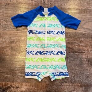 Old Navy Baby Boy Swimsuit Half Zip Romper With Sharks Size 6-12 Months